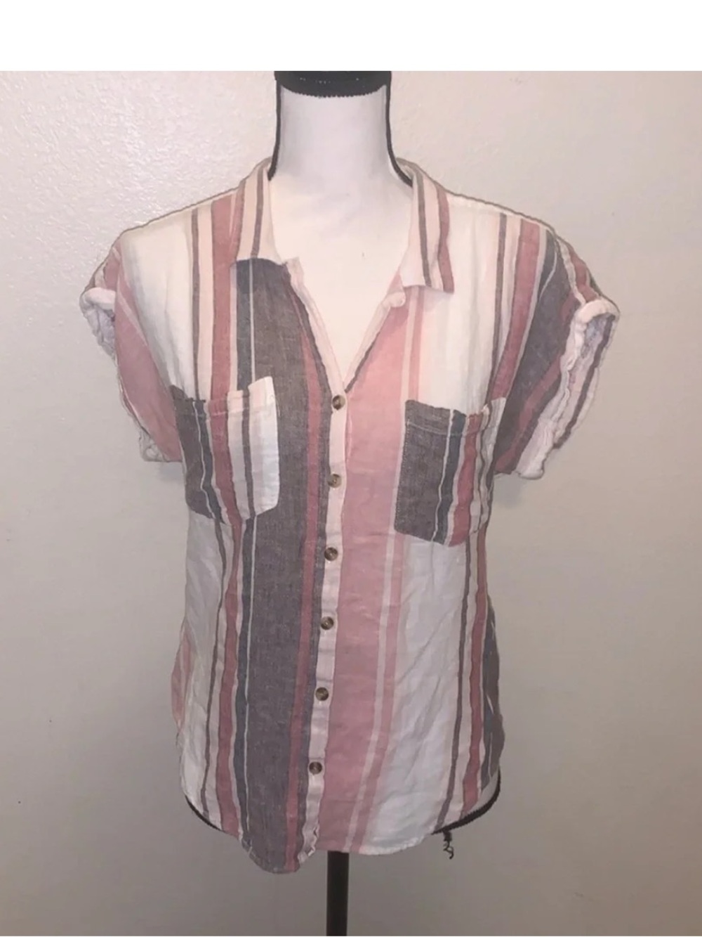 Striped Lightweight Button-Up Shirt in Blush, Taupe & Cream